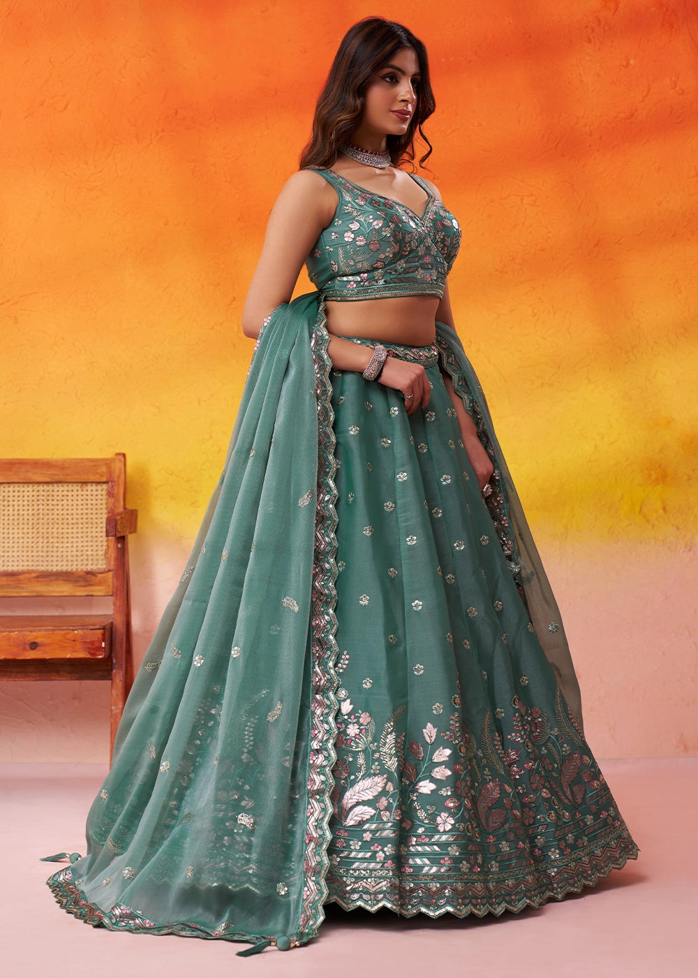 Castleton Green Organza Lehenga Choli with Thread and Sequin Detailing