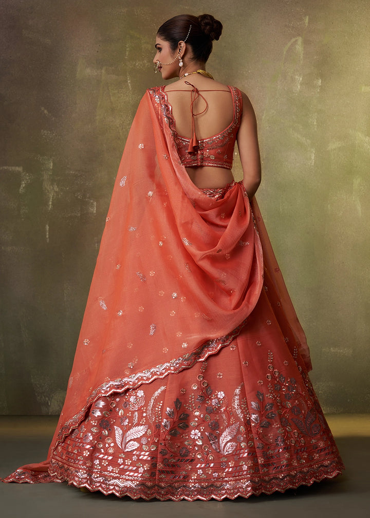 Bright Orange Organza Lehenga Choli with Thread and Sequin Detailing