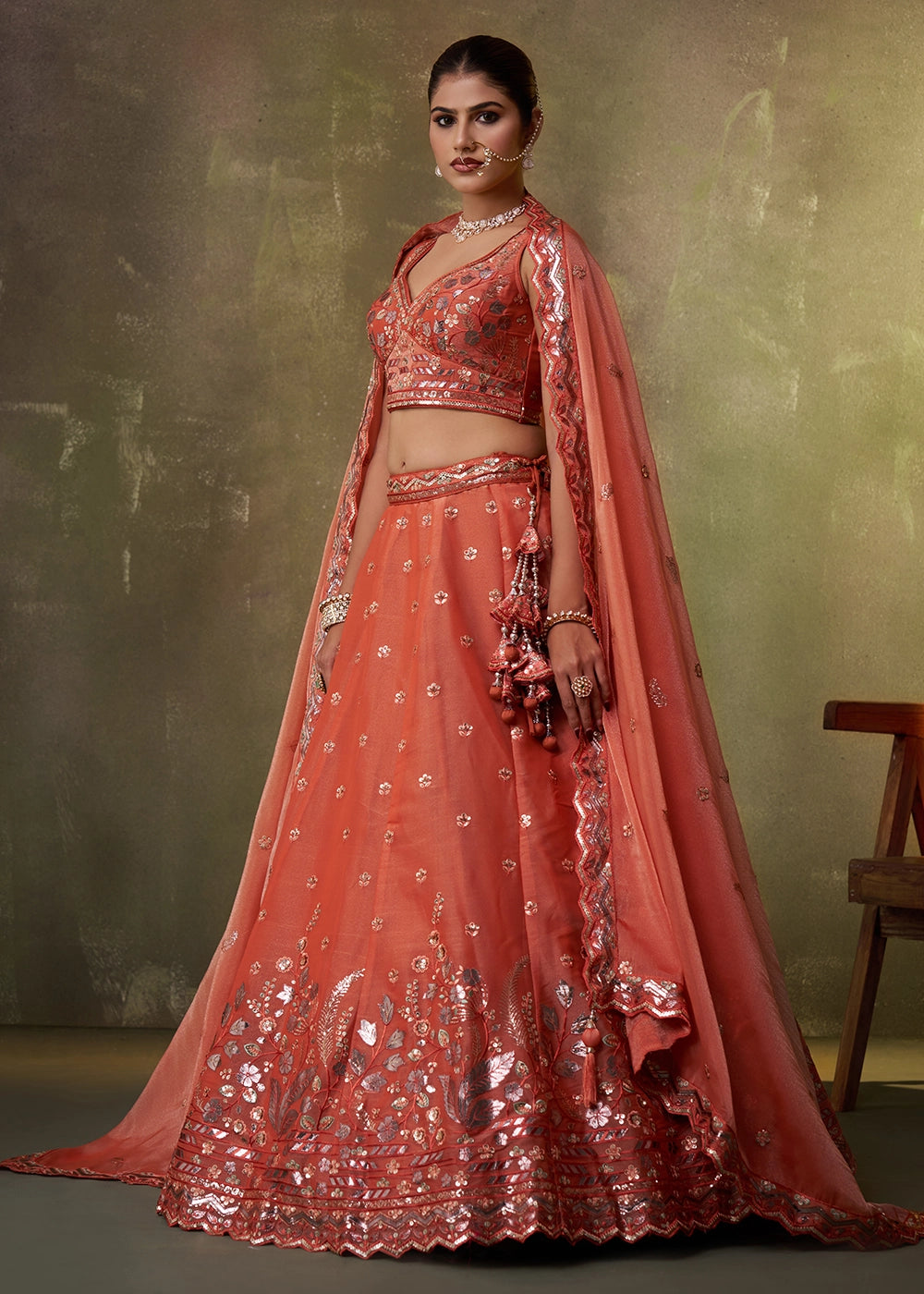 Bright Orange Organza Lehenga Choli with Thread and Sequin Detailing