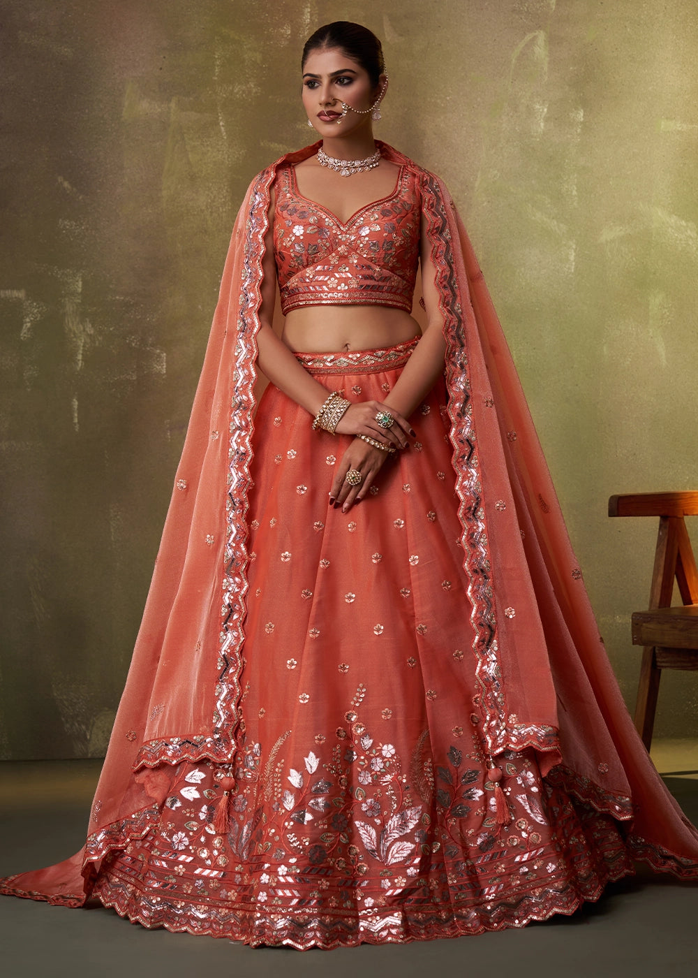 Bright Orange Organza Lehenga Choli with Thread and Sequin Detailing