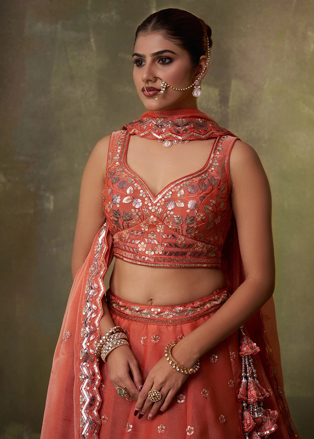 Bright Orange Organza Lehenga Choli with Thread and Sequin Detailing