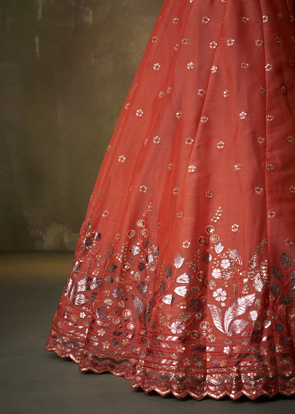Bright Orange Organza Lehenga Choli with Thread and Sequin Detailing