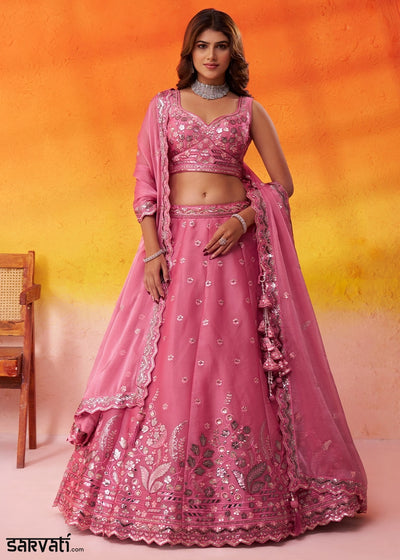 Raspberry Pink Organza Lehenga Choli with Thread and Sequin Detailing