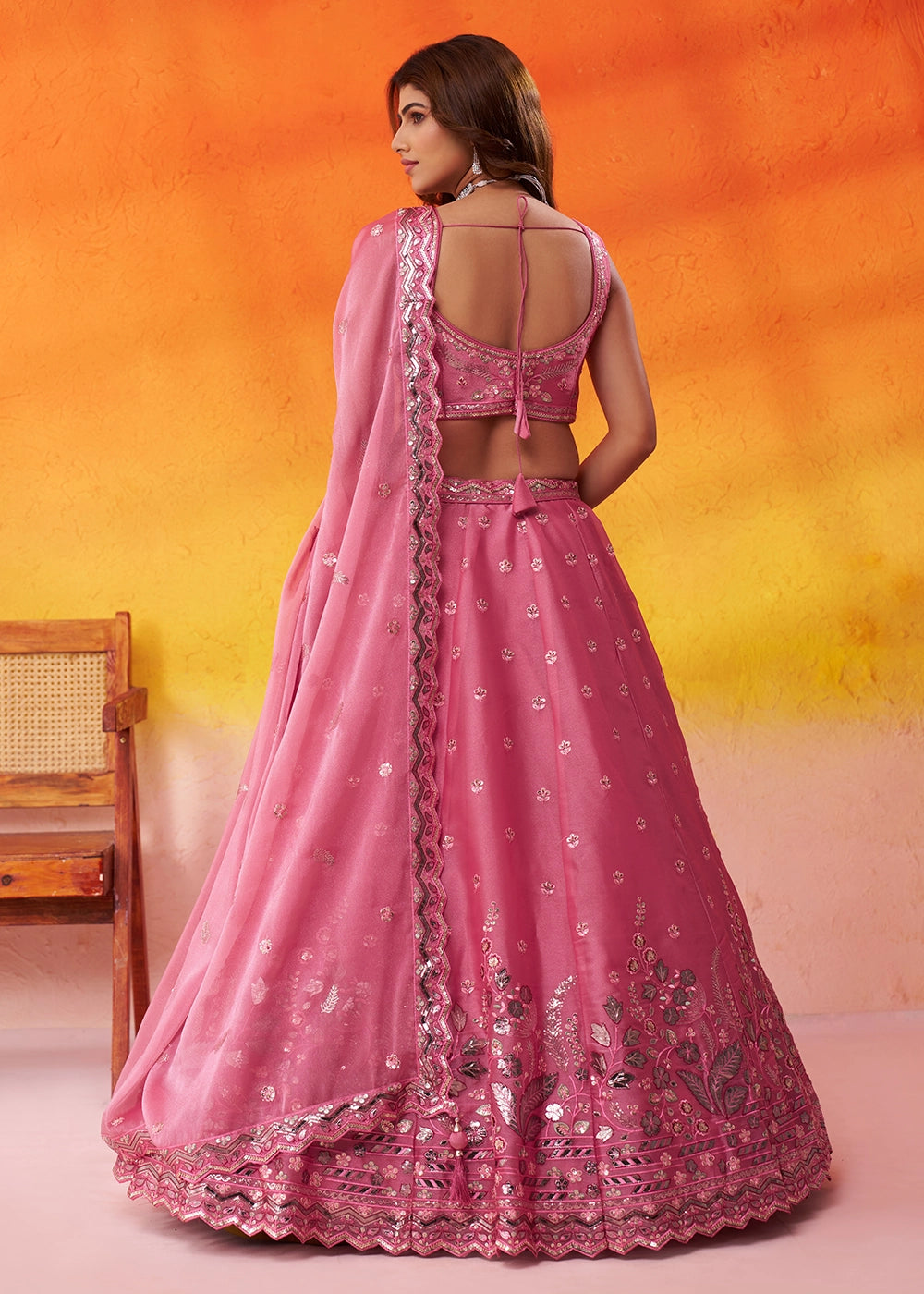 Raspberry Pink Organza Lehenga Choli with Thread and Sequin Detailing