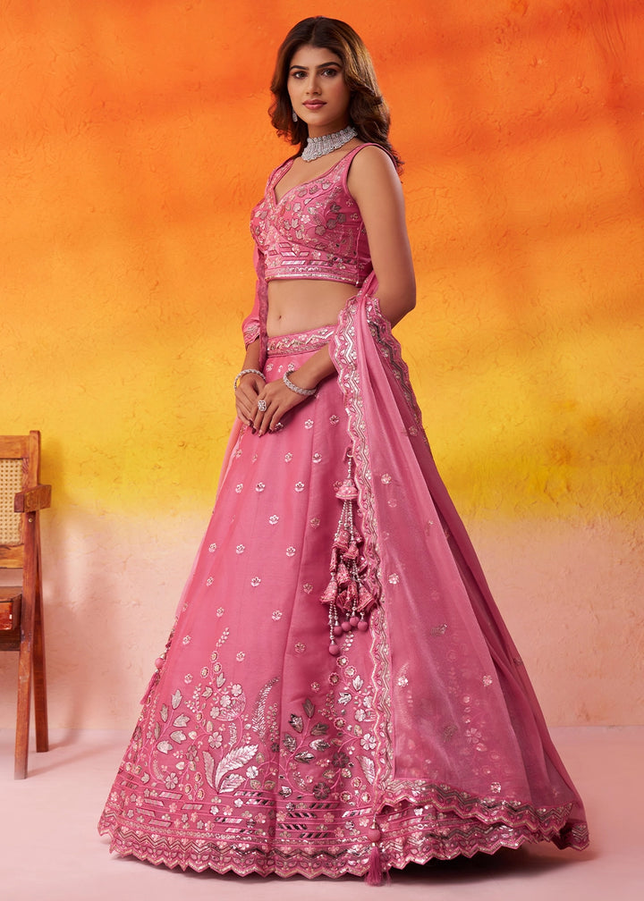 Raspberry Pink Organza Lehenga Choli with Thread and Sequin Detailing