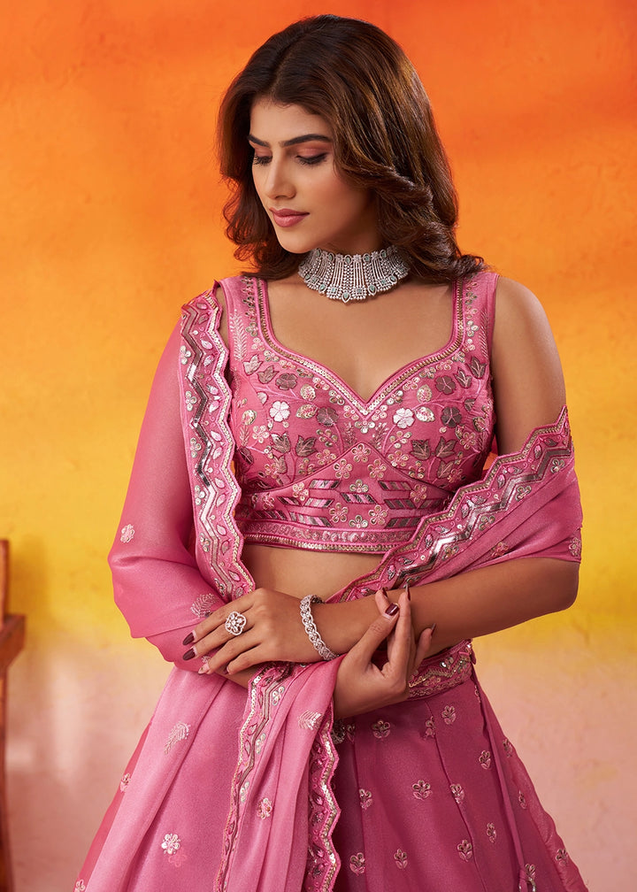 Raspberry Pink Organza Lehenga Choli with Thread and Sequin Detailing