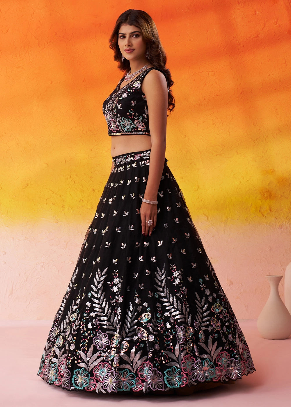 Jade Black Net Lehenga Choli with Thread and Sequin Detailing