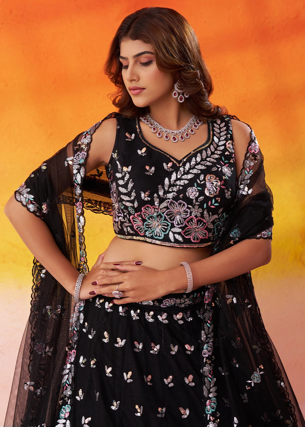 Jade Black Net Lehenga Choli with Thread and Sequin Detailing