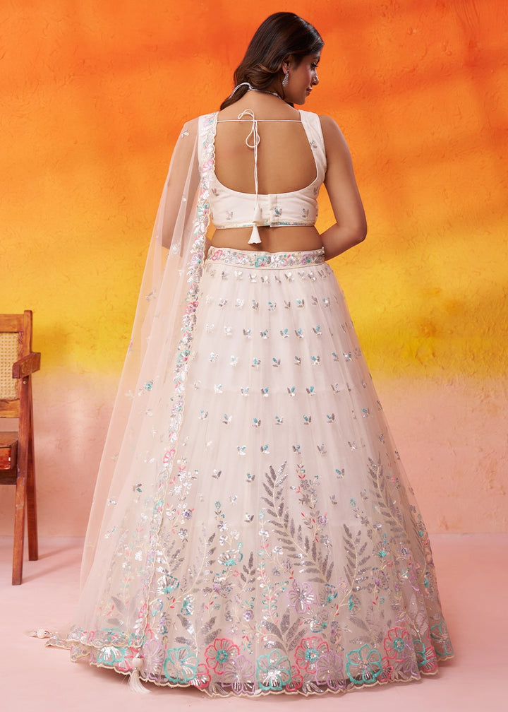 Cream White Net Lehenga Choli with Thread and Sequin Detailing