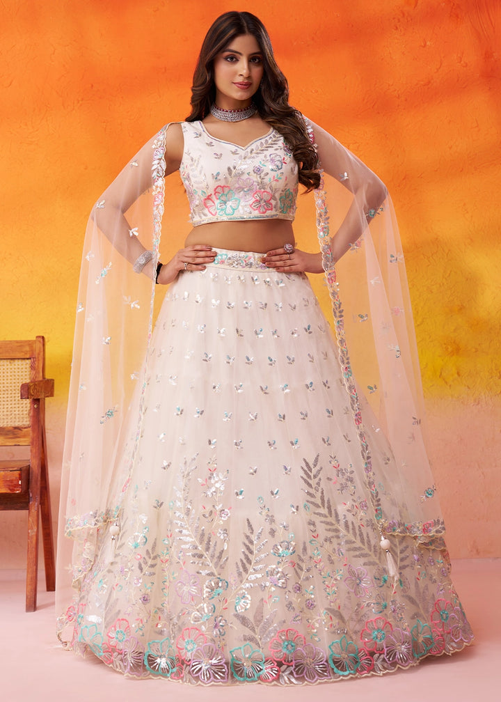 Cream White Net Lehenga Choli with Thread and Sequin Detailing