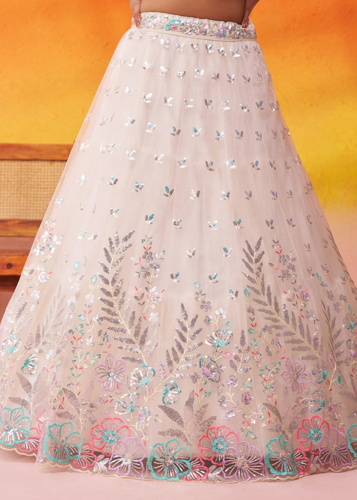 Cream White Net Lehenga Choli with Thread and Sequin Detailing