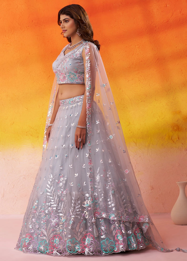 Light Grey Net Lehenga Choli with Thread and Sequin Detailing