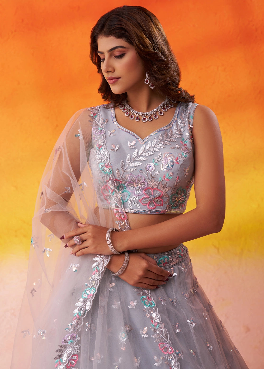 Light Grey Net Lehenga Choli with Thread and Sequin Detailing