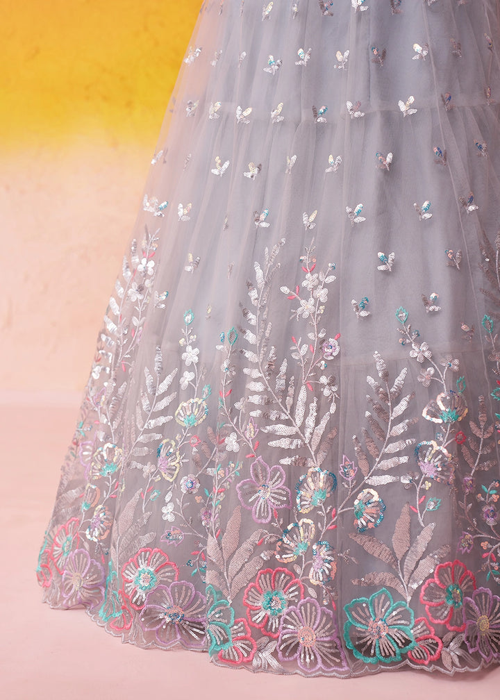 Light Grey Net Lehenga Choli with Thread and Sequin Detailing