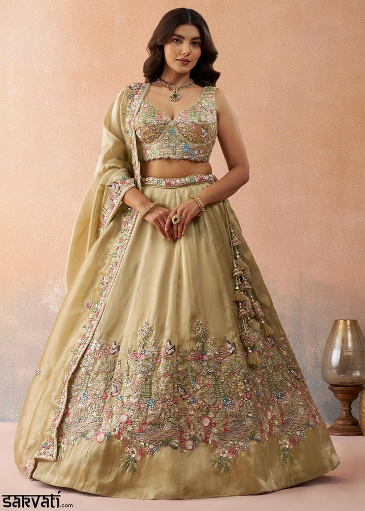 Oyster Brown Tissue Lehenga with Sequin Zarkan Embroidery