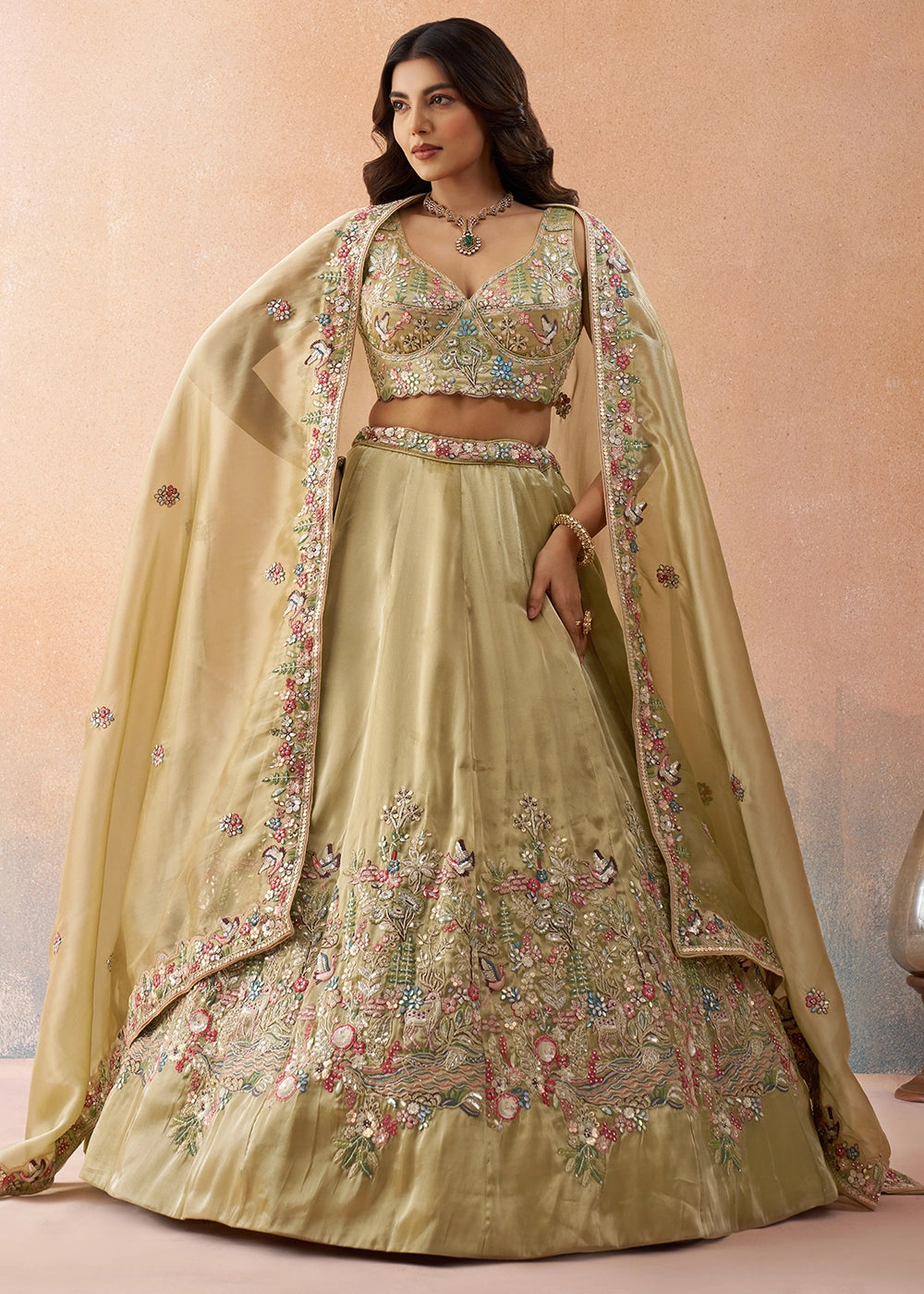 Oyster Brown Tissue Lehenga with Sequin Zarkan Embroidery