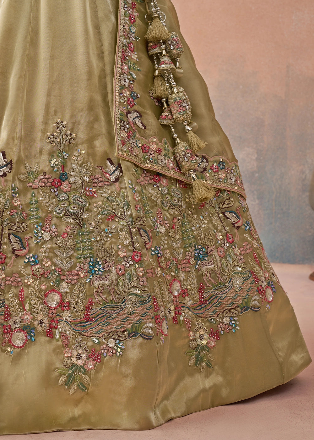 Oyster Brown Tissue Lehenga with Sequin Zarkan Embroidery