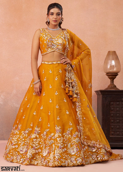 Saffron Orange Tissue Lehenga Choli with Sequin & Zari Detailing