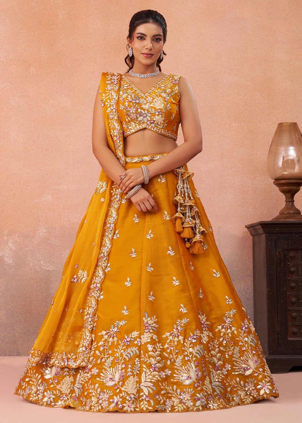 Saffron Orange Tissue Lehenga Choli with Sequin & Zari Detailing
