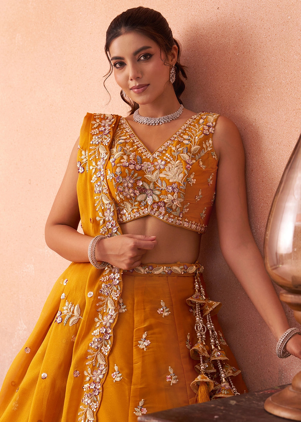 Saffron Orange Tissue Lehenga Choli with Sequin & Zari Detailing