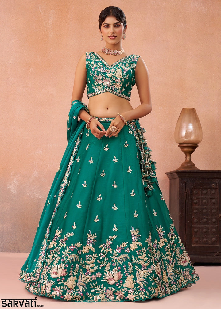Persian Green Tissue Lehenga Choli with Sequin & Zari Detailing