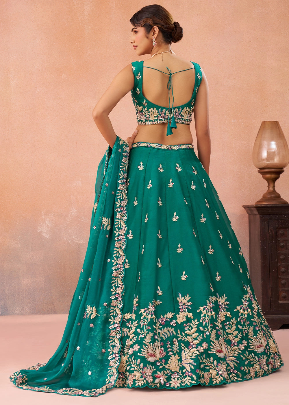 Persian Green Tissue Lehenga Choli with Sequin & Zari Detailing