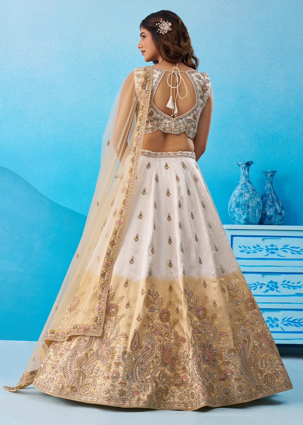 Brown & White Tissue Lehenga Choli with Beads & Sequins work