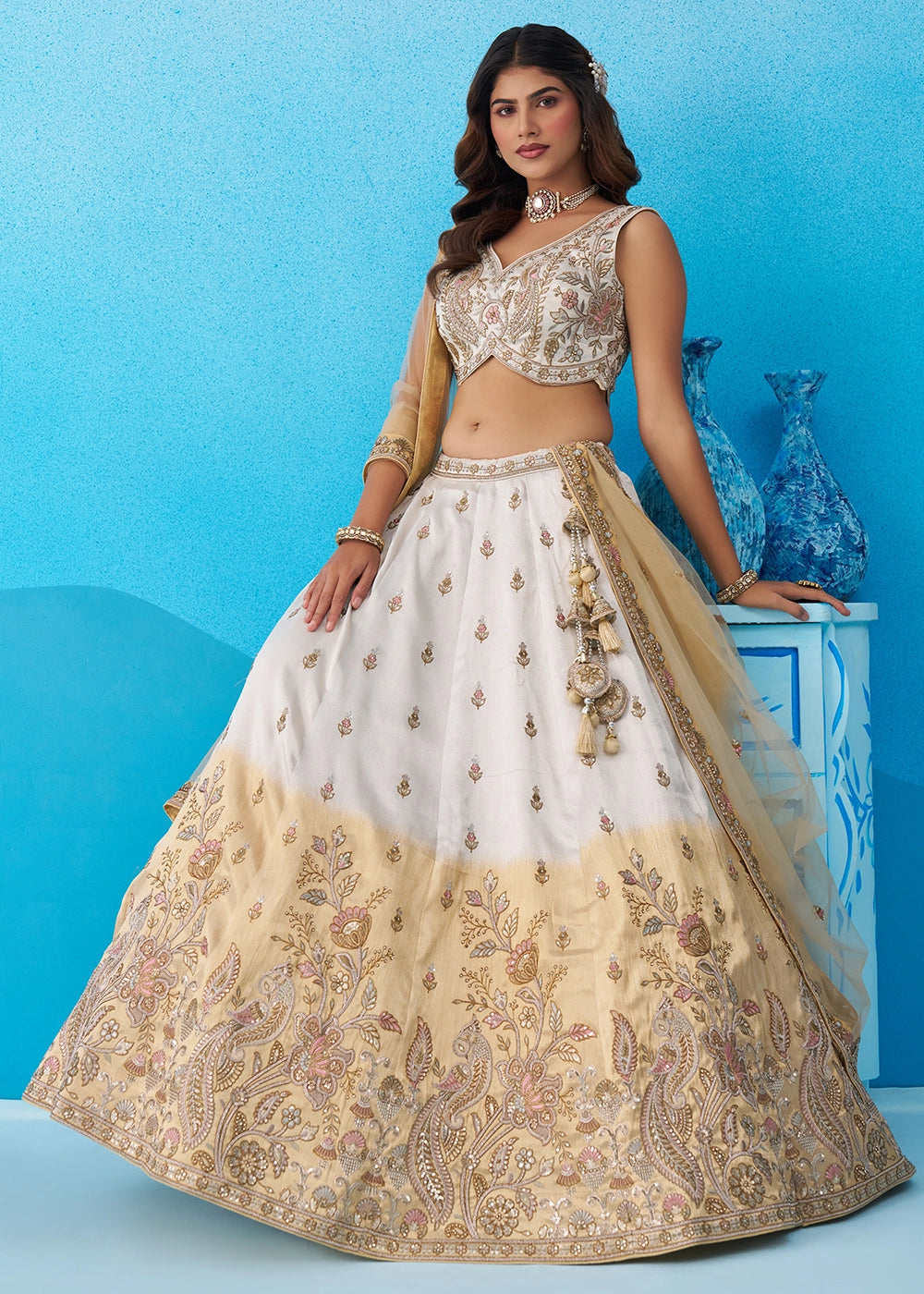 Brown & White Tissue Lehenga Choli with Beads & Sequins work