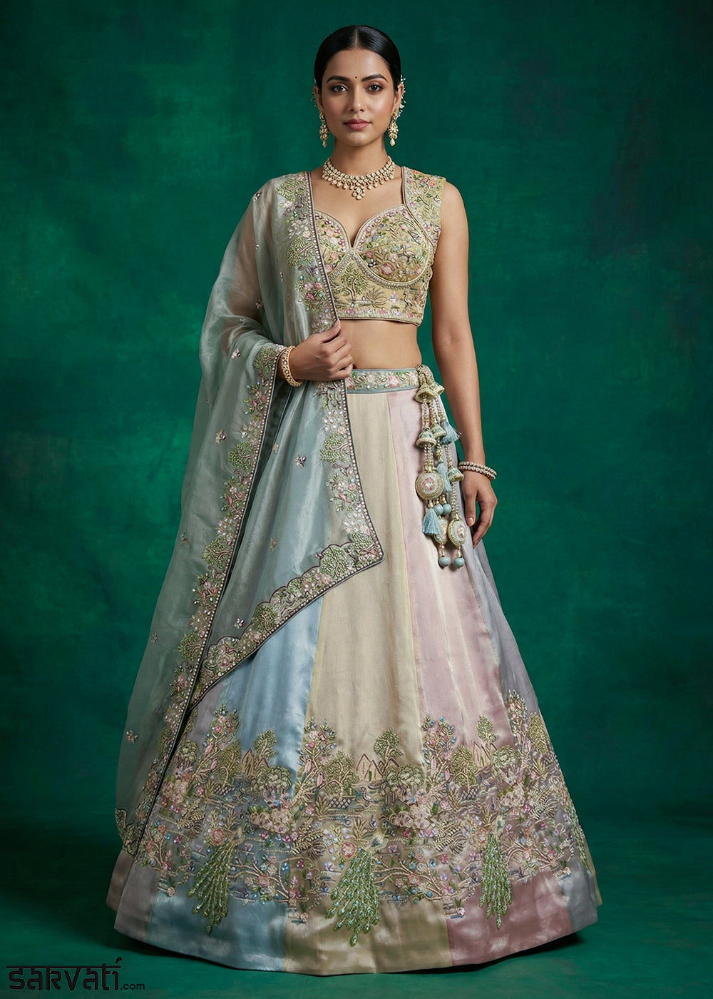 Sea Green Multicolor Tissue Silk Lehenga with Heritage Embroidery