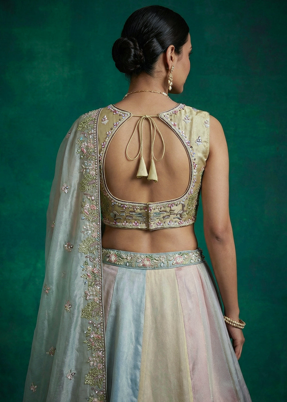 Sea Green Multicolor Tissue Silk Lehenga with Heritage Embroidery