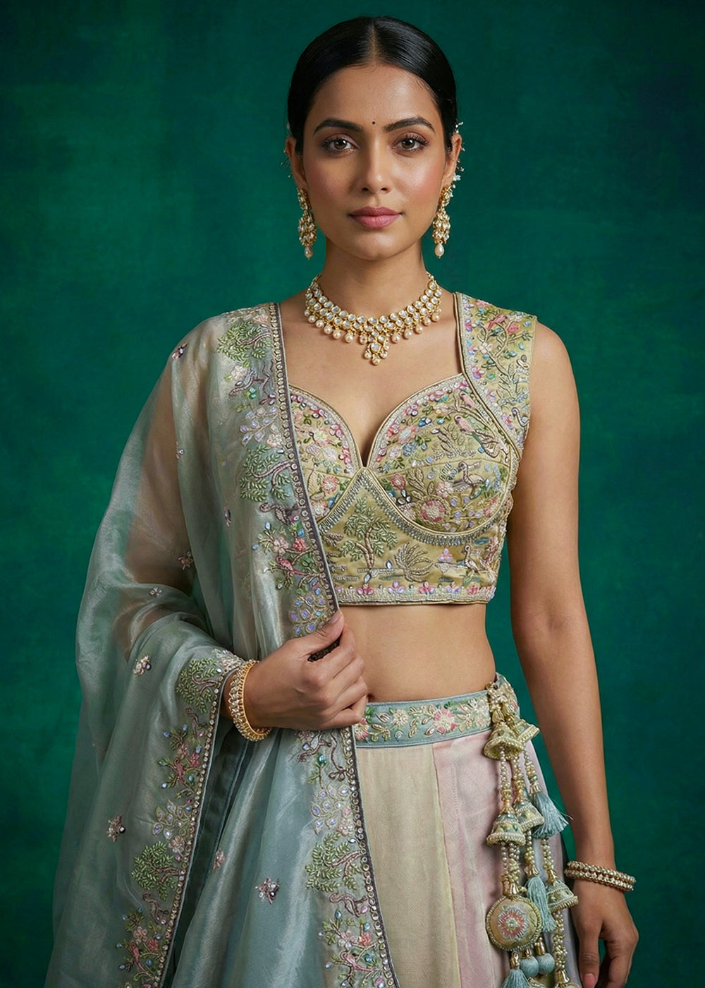 Sea Green Multicolor Tissue Silk Lehenga with Heritage Embroidery