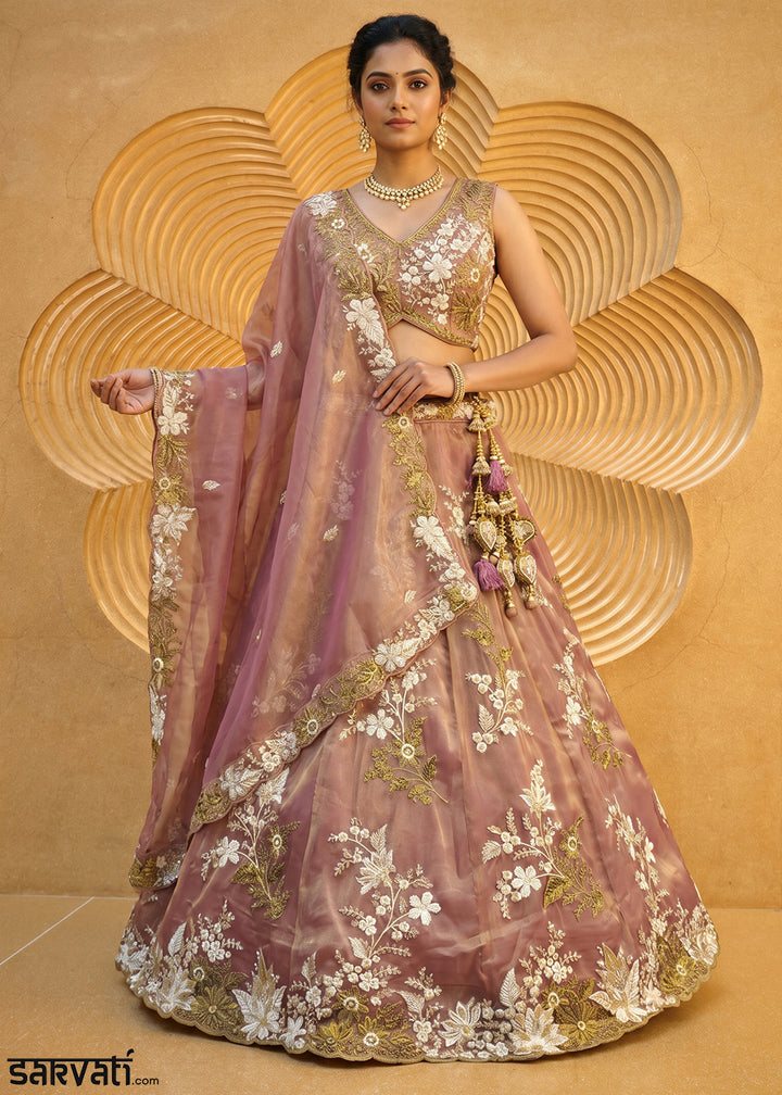 Pink Organza Lehenga Choli with Floral Zari Embroidery