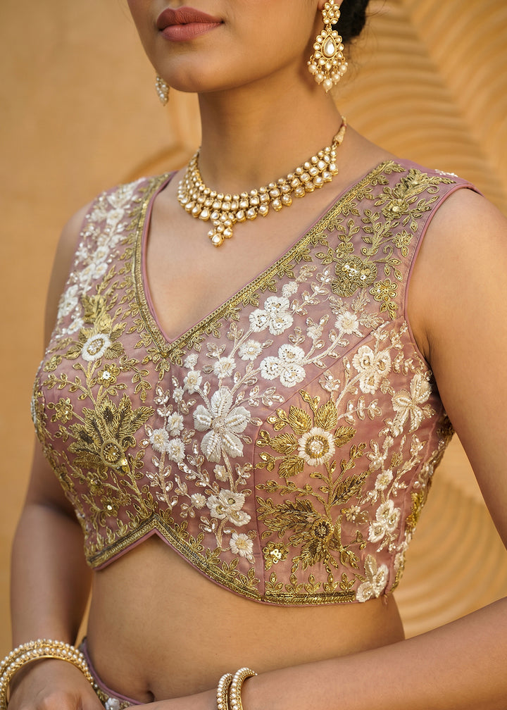 Pink Organza Lehenga Choli with Floral Zari Embroidery
