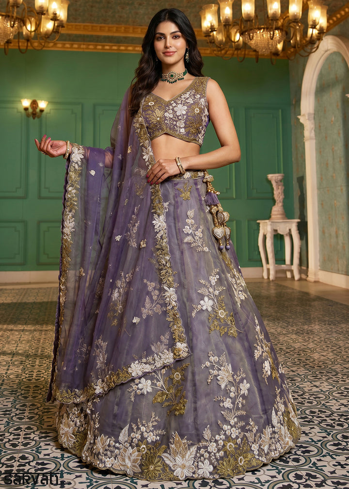 Purple Organza Lehenga Choli with Floral Zari Embroidery