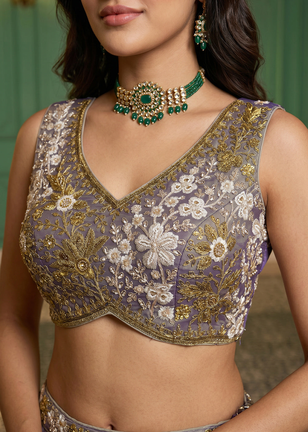 Purple Organza Lehenga Choli with Floral Zari Embroidery