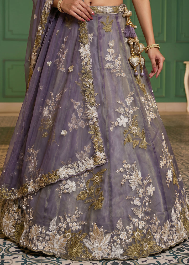 Purple Organza Lehenga Choli with Floral Zari Embroidery