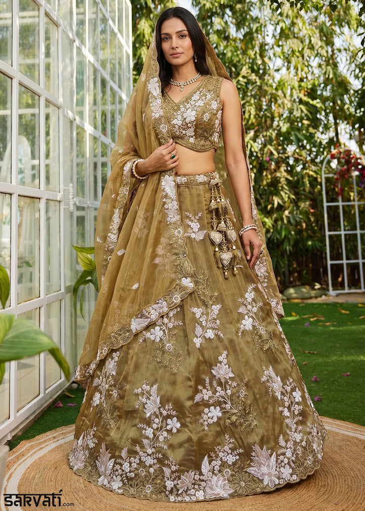 Yellow Organza Lehenga Choli with Floral Zari Embroidery
