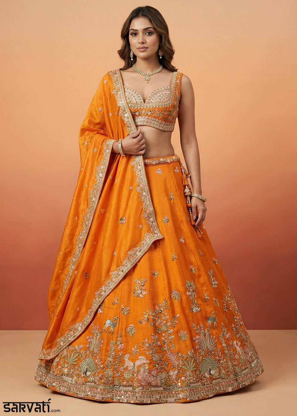 Orange Silk Blend Lehenga Choli with Nature-Inspired Embroidery