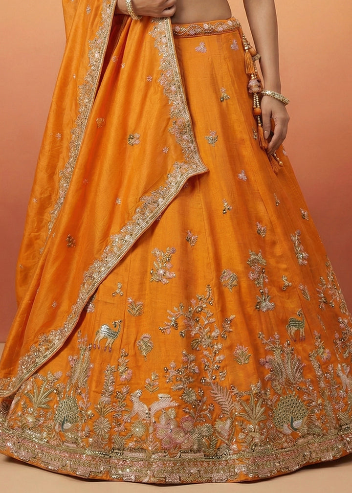 Orange Silk Blend Lehenga Choli with Nature-Inspired Embroidery
