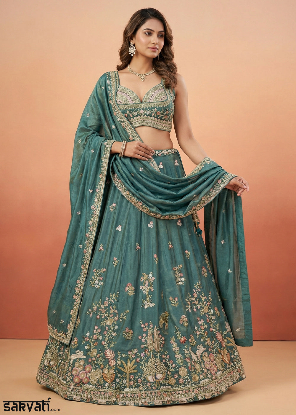 Rama Green Silk Blend Lehenga Choli with Nature-Inspired Embroidery