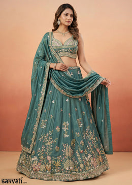 Rama Green Silk Blend Lehenga Choli with Nature-Inspired Embroidery