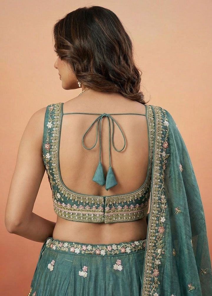 Rama Green Silk Blend Lehenga Choli with Nature-Inspired Embroidery