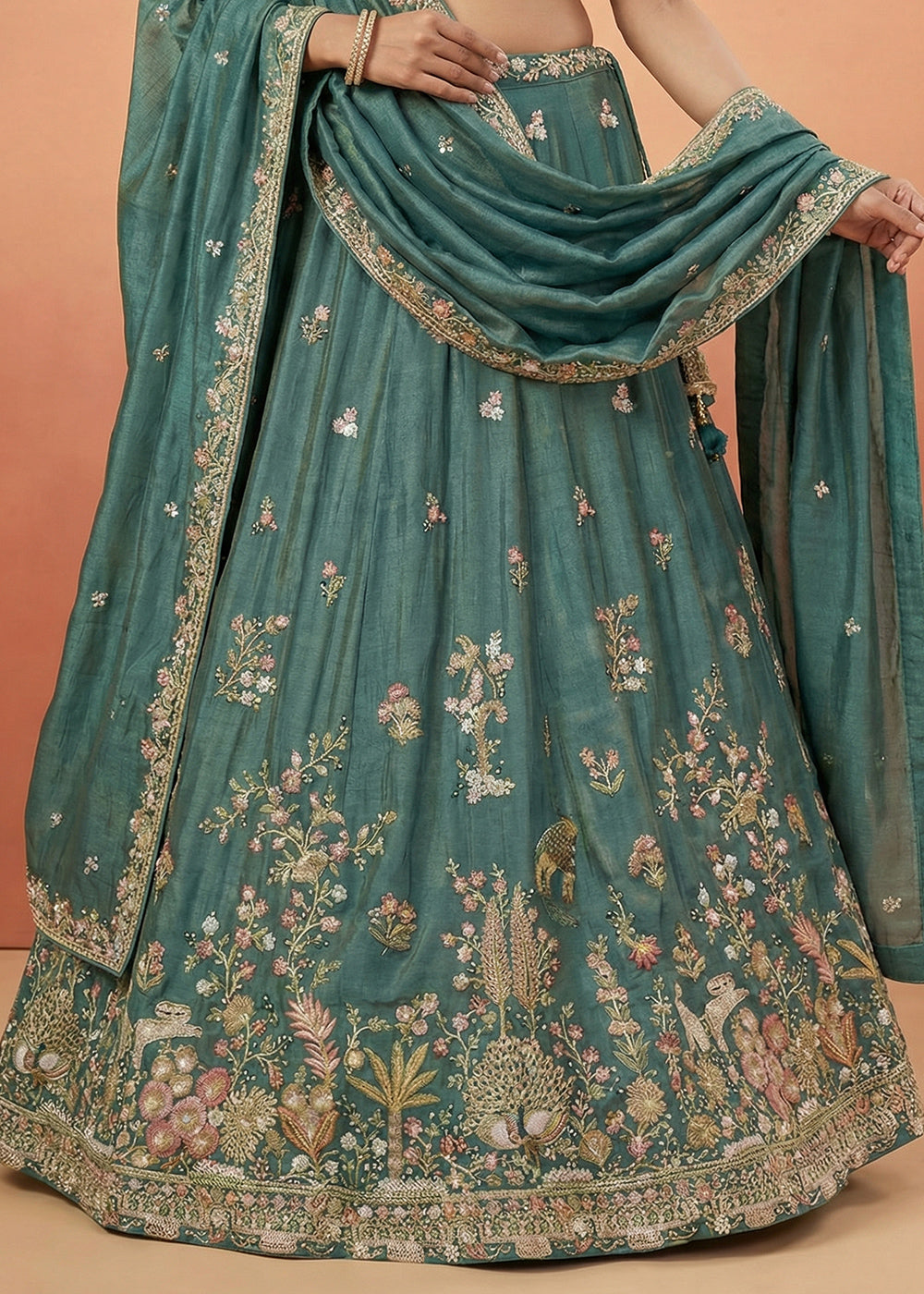 Rama Green Silk Blend Lehenga Choli with Nature-Inspired Embroidery