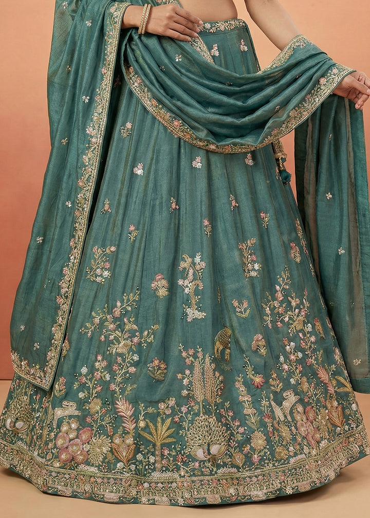 Rama Green Silk Blend Lehenga Choli with Nature-Inspired Embroidery