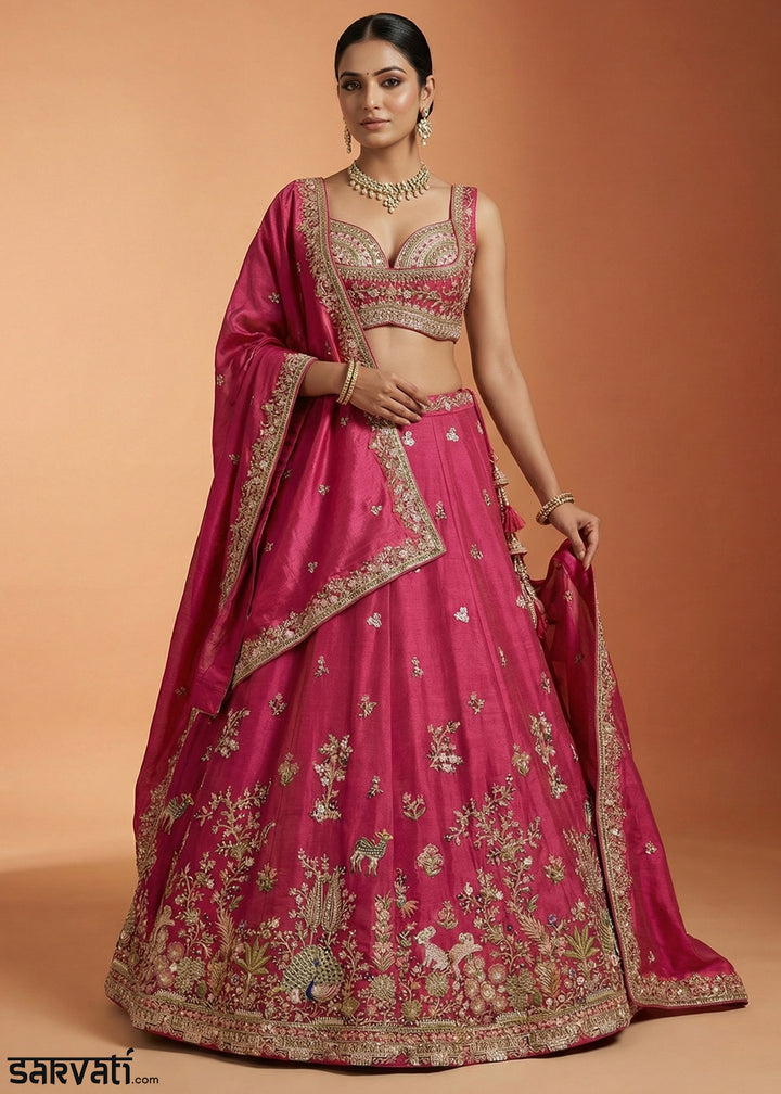 Rani Pink Silk Blend Lehenga Choli with Nature-Inspired Embroidery