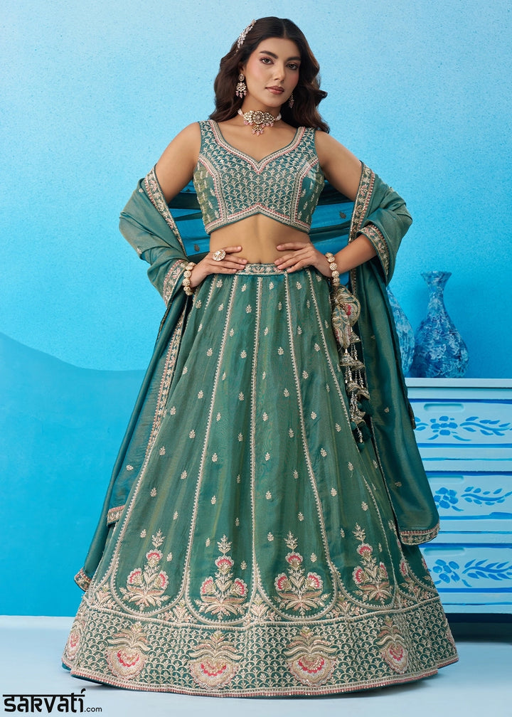 Teal Green Tissue Lehenga Choli with Beads & Sequins work