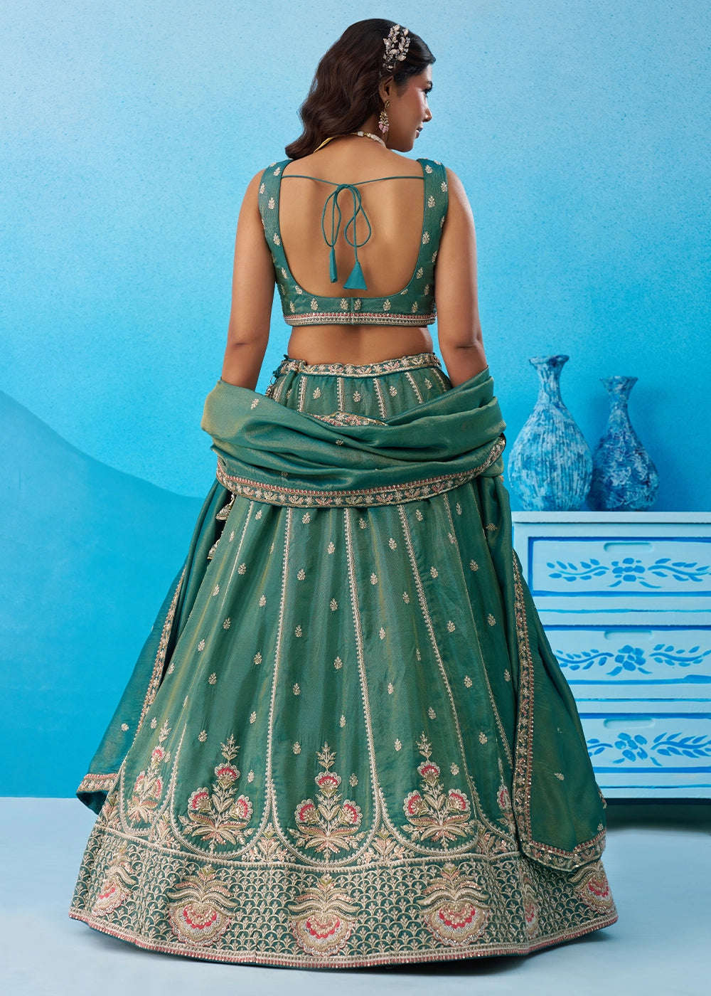 Teal Green Tissue Lehenga Choli with Beads & Sequins work