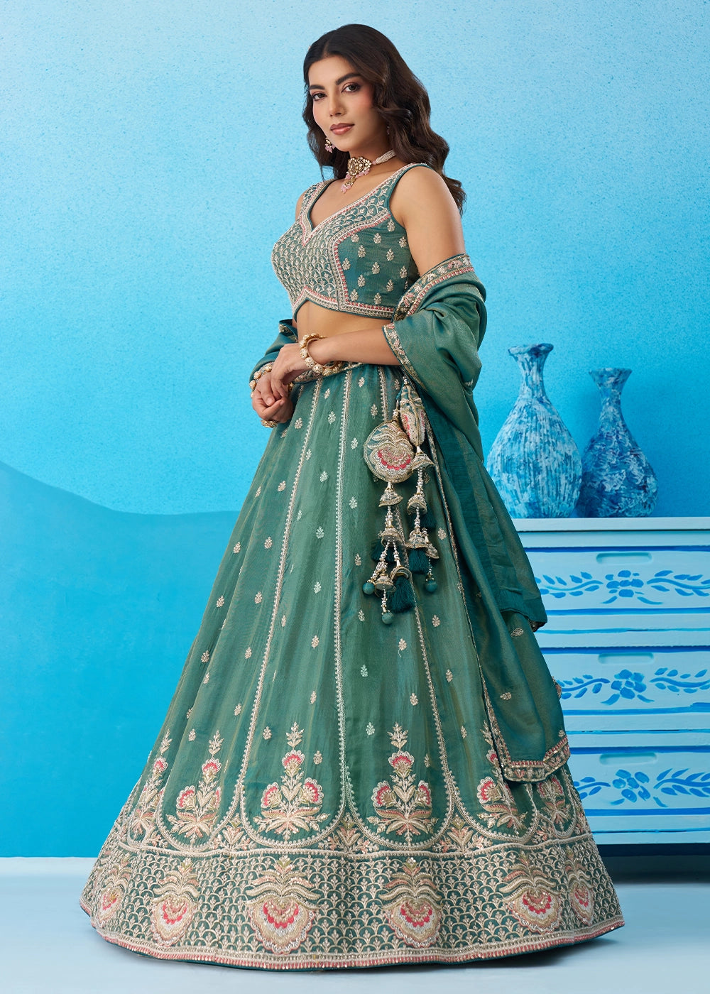 Teal Green Tissue Lehenga Choli with Beads & Sequins work