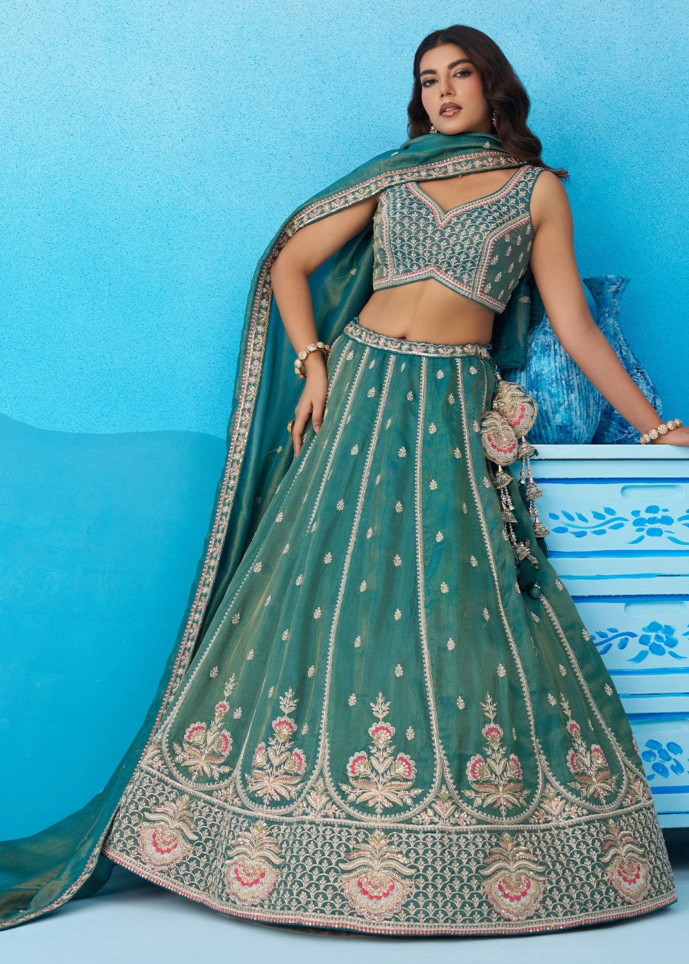 Teal Green Tissue Lehenga Choli with Beads & Sequins work