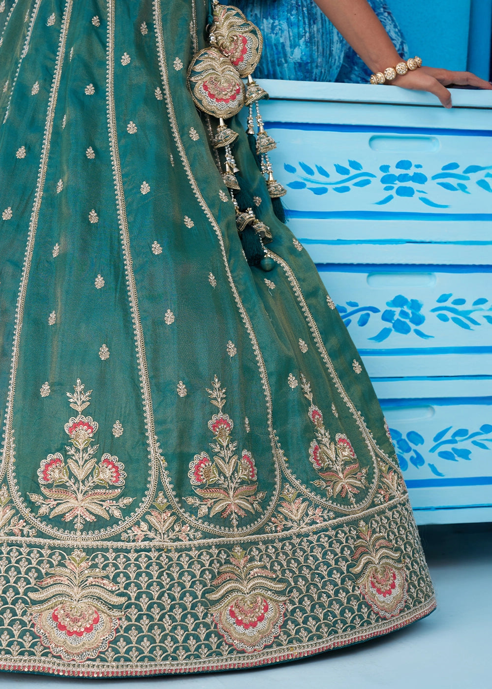 Teal Green Tissue Lehenga Choli with Beads & Sequins work